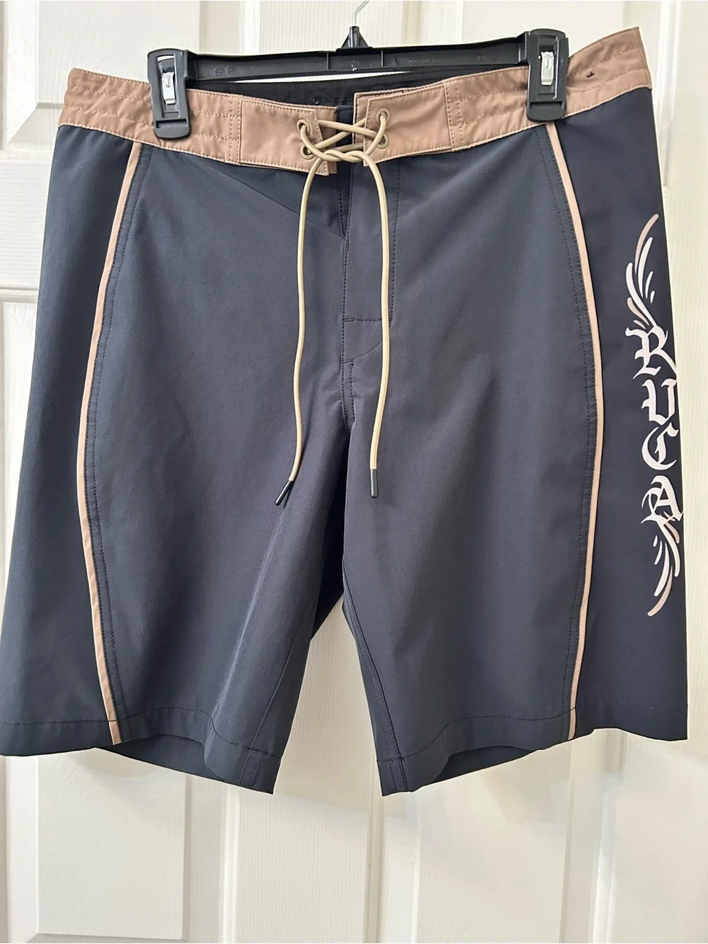 RVCA Black Swim Board Shorts with Tan Waistband